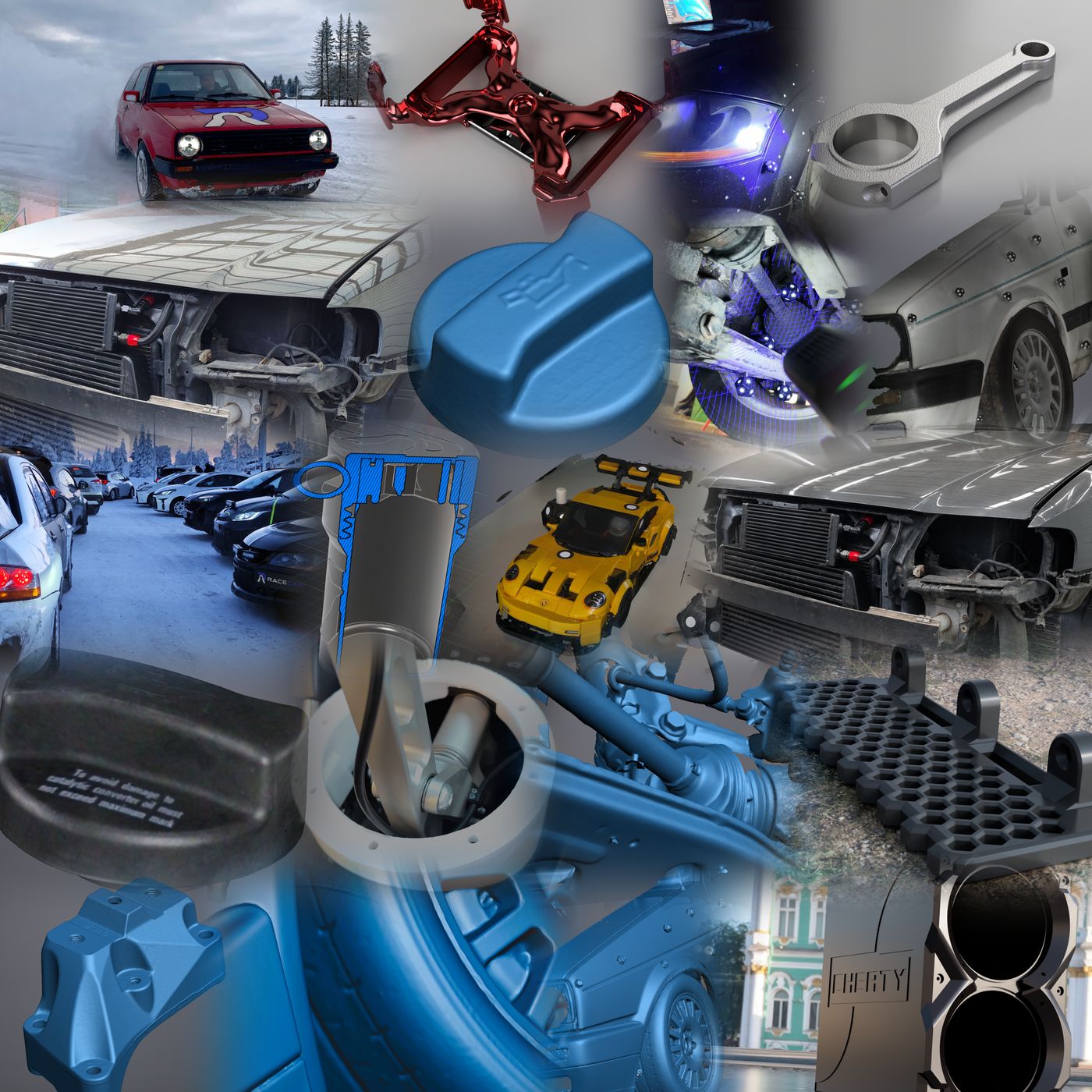 Kollaaž RaceCani töödest: 3D-skannimine, projekteerimine ja valmis detailid